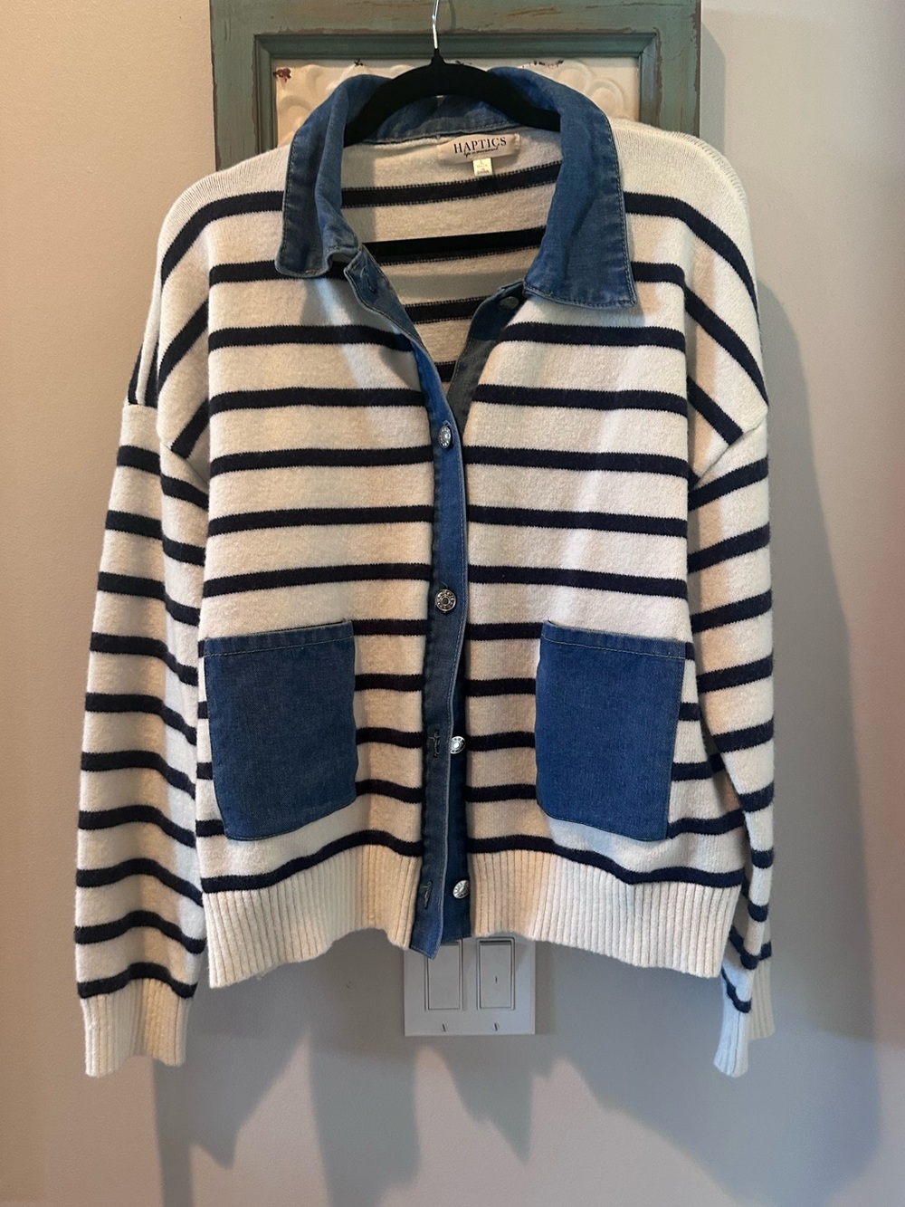 Haptics Striped Knit Cardigan with Denim Trim & Pockets | Size Large